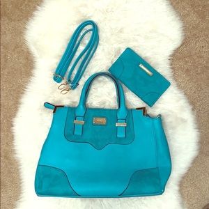 A Nine West Turquoise Handbag with matching wallet